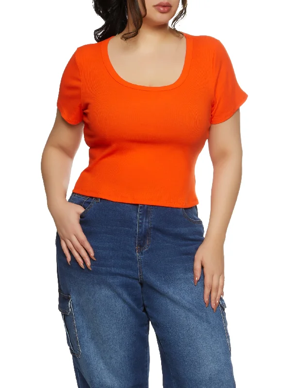 Plus Size Ribbed Knit Basic Scoop Neck Top