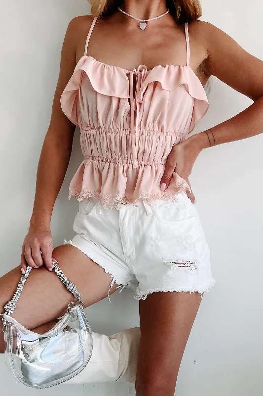 Peppa Shirred Lace Crop Tank (Light Pink)