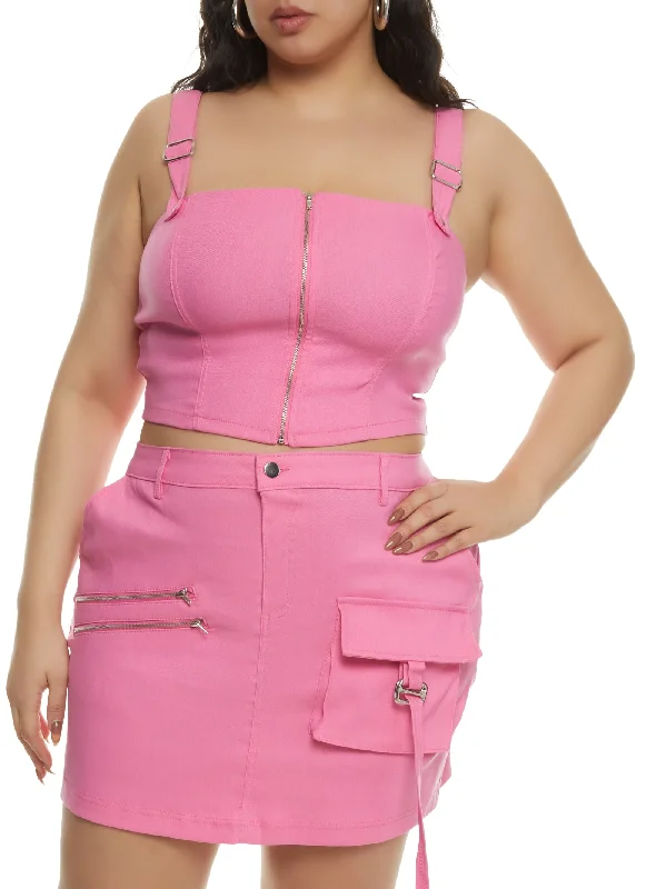 Plus Size Buckle Strap Zip Front Cropped Corset Top