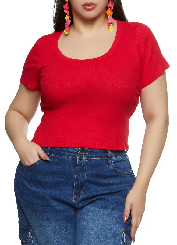 Plus Size Ribbed Knit Basic Scoop Neck Top