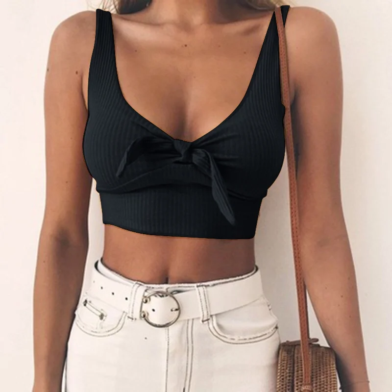 Amy Fashion - Sexy Bow Tank Tops For Women Bare Midriff Basic Crop Top