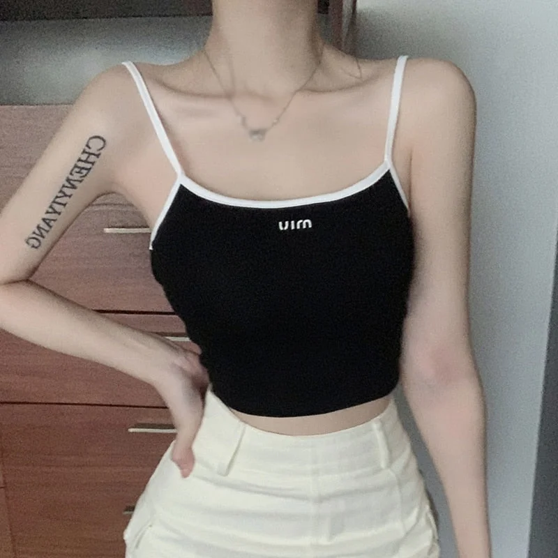 Amy Fashion - Solid Color Letter Orint Square Collar Tank Top