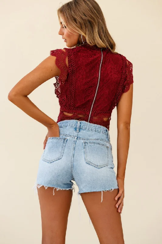 Straight Up High-Neck Lace Overlay Crop Top Wine