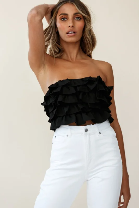 Talulah Layered Ruffle Lace-Up Back Crop Top Black