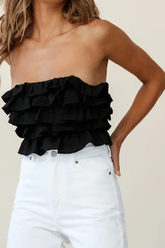 Talulah Layered Ruffle Lace-Up Back Crop Top Black