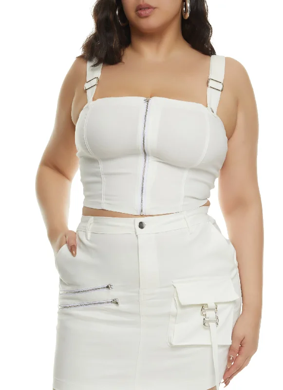 Plus Size Buckle Strap Zip Front Cropped Corset Top