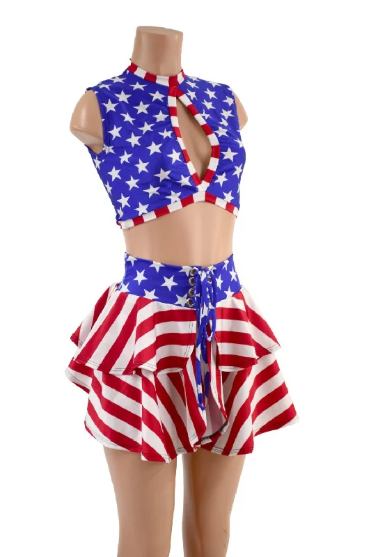 Patriotic Open Front Lace Up Skirt & Keyhole Top Set