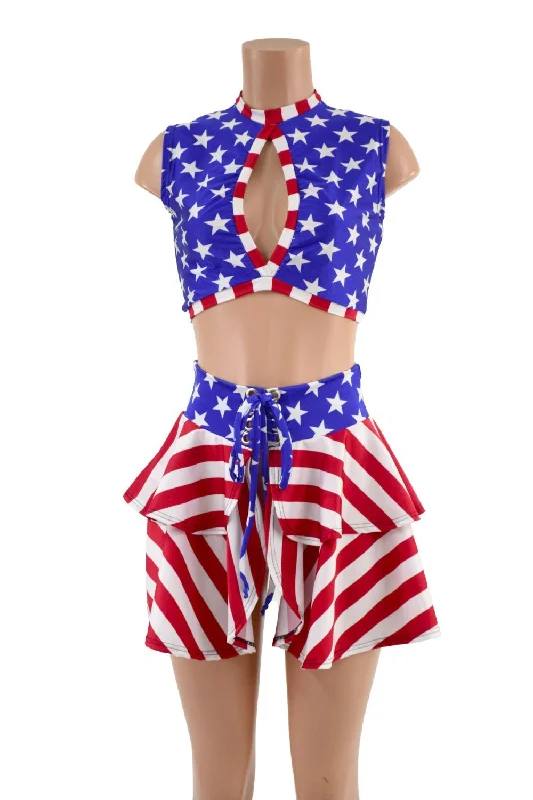 Patriotic Open Front Lace Up Skirt & Keyhole Top Set