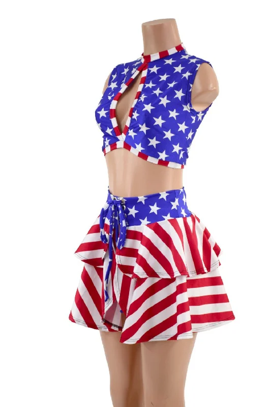 Patriotic Open Front Lace Up Skirt & Keyhole Top Set