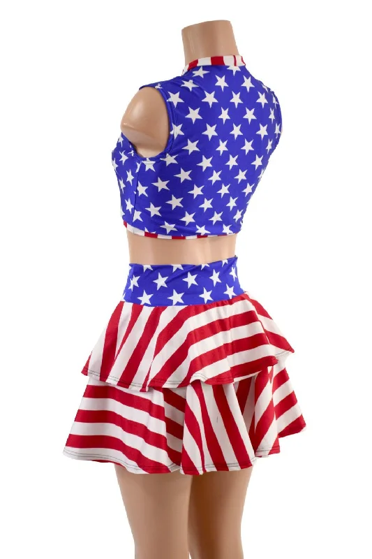 Patriotic Open Front Lace Up Skirt & Keyhole Top Set