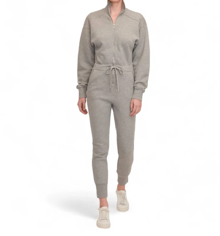 Red-Eye Zip Front French Terry Jumpsuit In Heather Grey