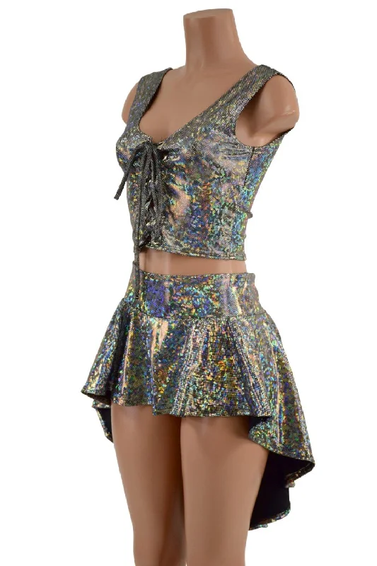 Silver Kalidoscope Lace Up Crop & Hi Lo Rave Skirt Set